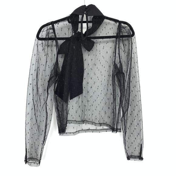 Express Long Sleeve Sheer Bow Blouse Womens Size Small Black Polka Dot - Picture 2 of 5